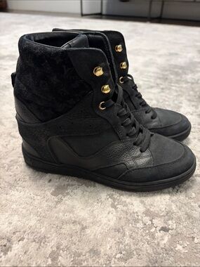 Louis Vuitton Black High-Top Wedge Sneakers with Gold Eyelets